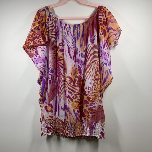 ARDEN B Orange Purple Leopard Print Off the Shoulder Short Sleeve Blouse Medium - Picture 2 of 8